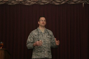 February guest speaker Lt. Col. John Jurgensen, USAF, commander, 552 Air Control Networks Squadron, and chapter vice president for awards, addresses the chapter meeting.
